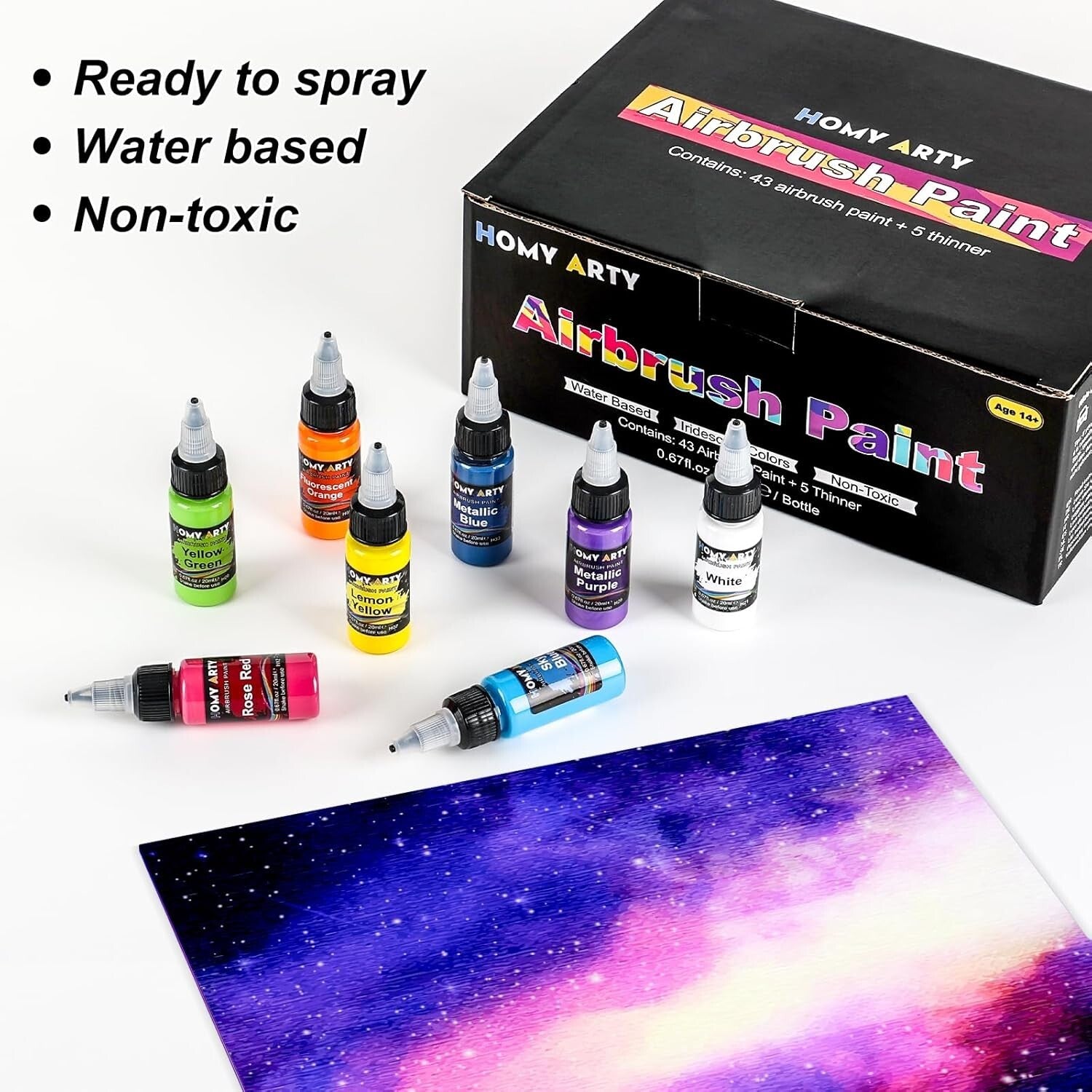 User-Friendly Airbrush Paints - 43 Colors, 5 Thinners & Great for All Surfaces
