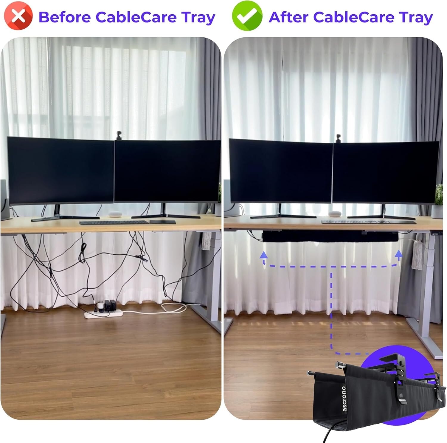 CableCare No-Drill Under Desk Cable Management Tray - Elegant Fabric Solution