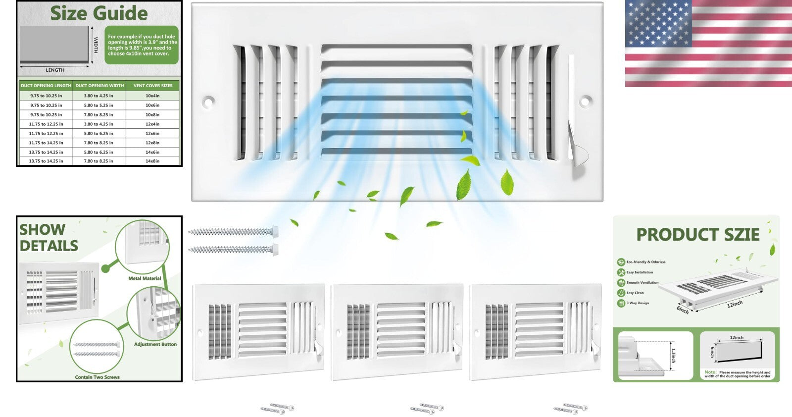 6-Pack 12x6 Inch Adjustable Metal Air Vent Covers for Ceiling & Wall