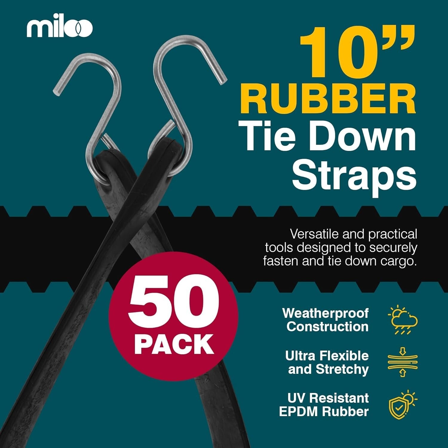 Versatile 10-Inch Rubber Bungee Straps - Heavy Duty Cargo Cords, 50 Count