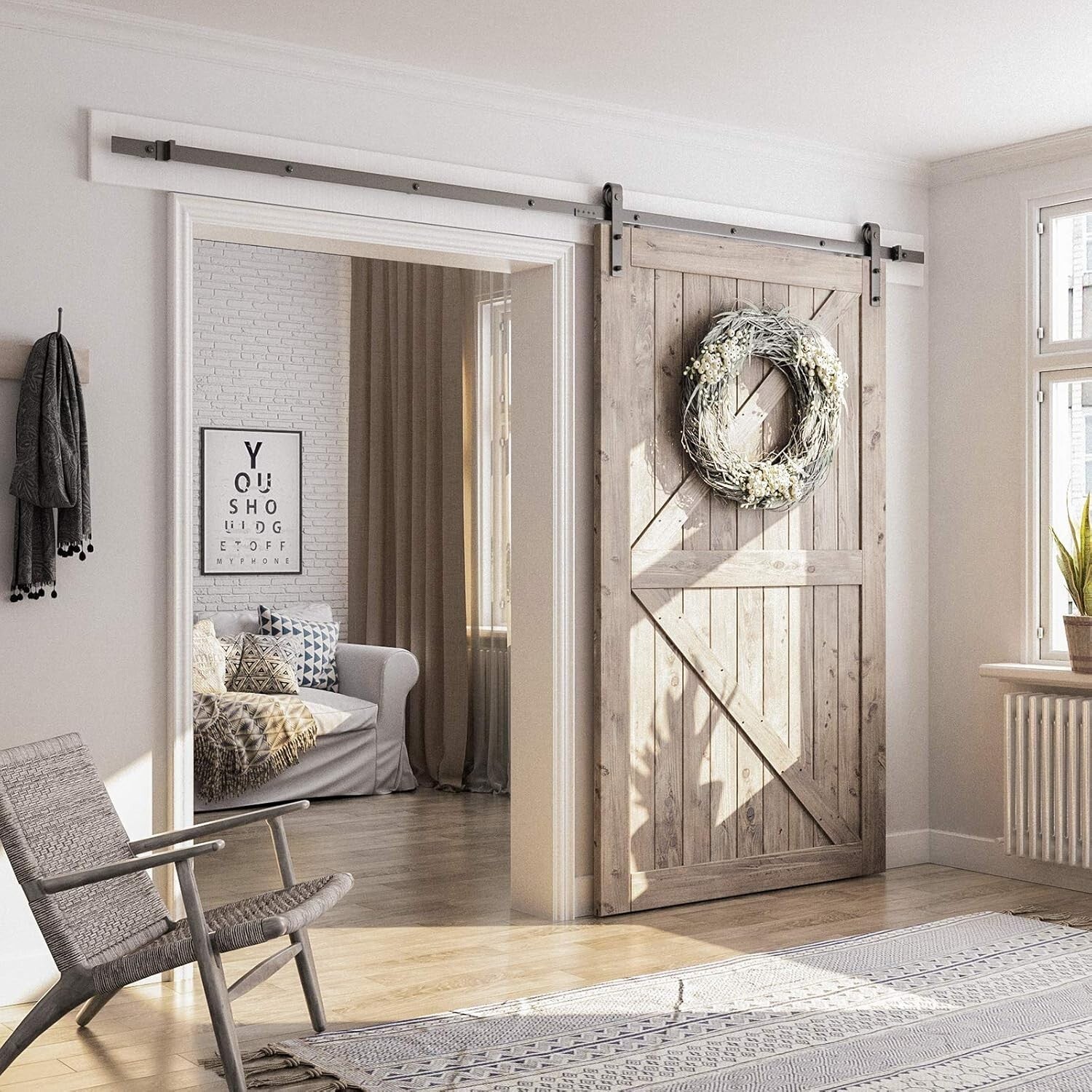 Durable Heavy Duty Black Barn Door Hardware Kit - Easy Install with Instructions