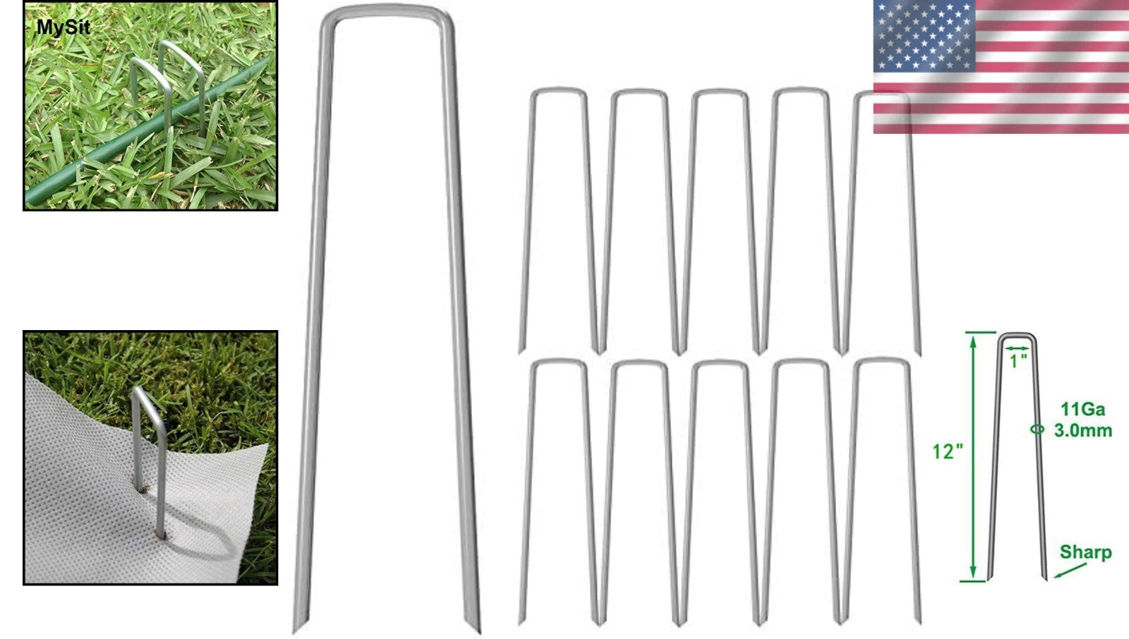 12” Heavy Duty Landscape Staples - 200 Galvanized Steel Pegs for Garden Use