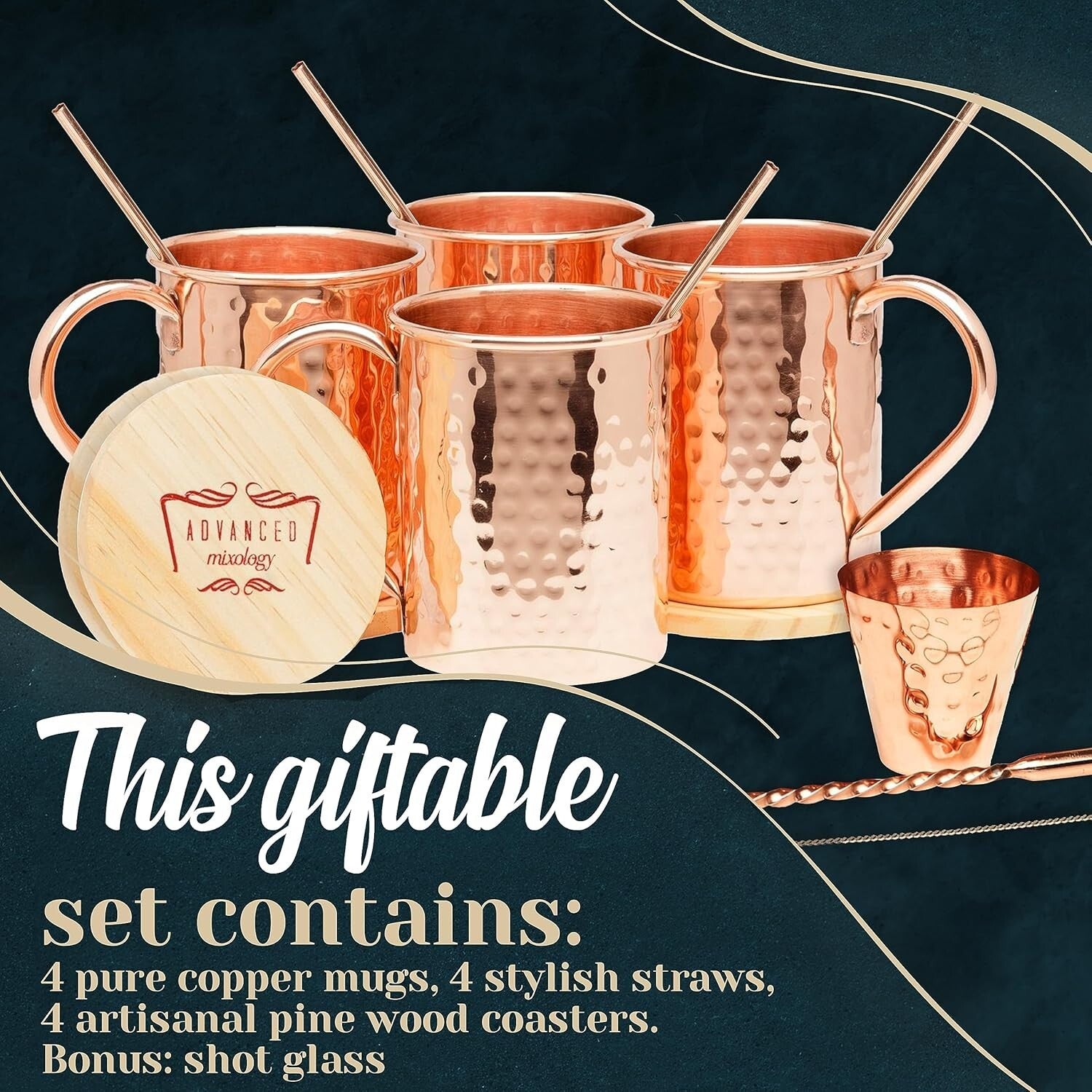4 Pack Copper Moscow Mule Mugs with Artisan Wooden Coasters - Perfect Gift