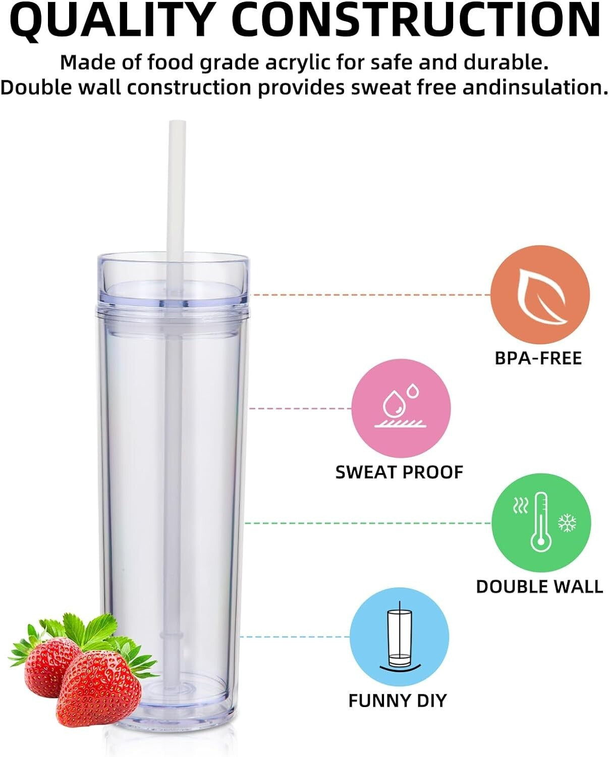 Bulk 10 Pack of Insulated 16oz Acrylic Tumblers with Straw & Lid - Clear Design