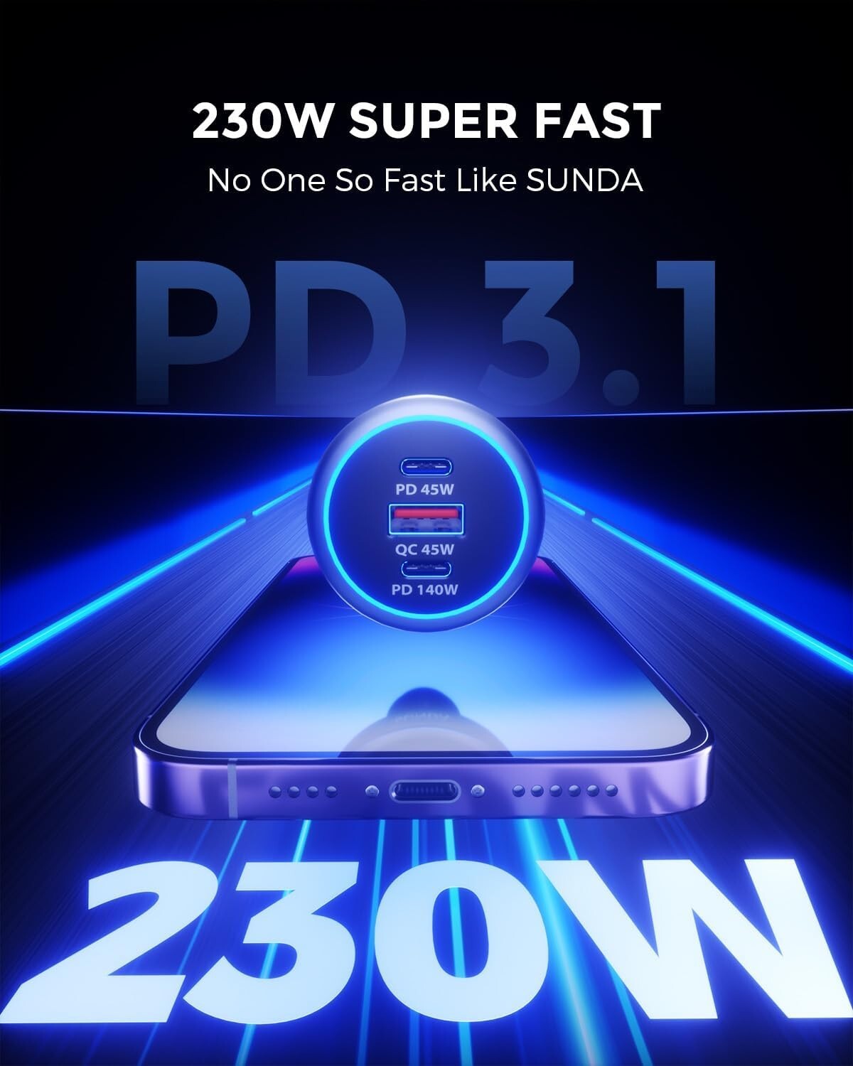 Super Fast Car Charger: 230W USB-C with QC 3.0 & Dual Ports for Fast Charging