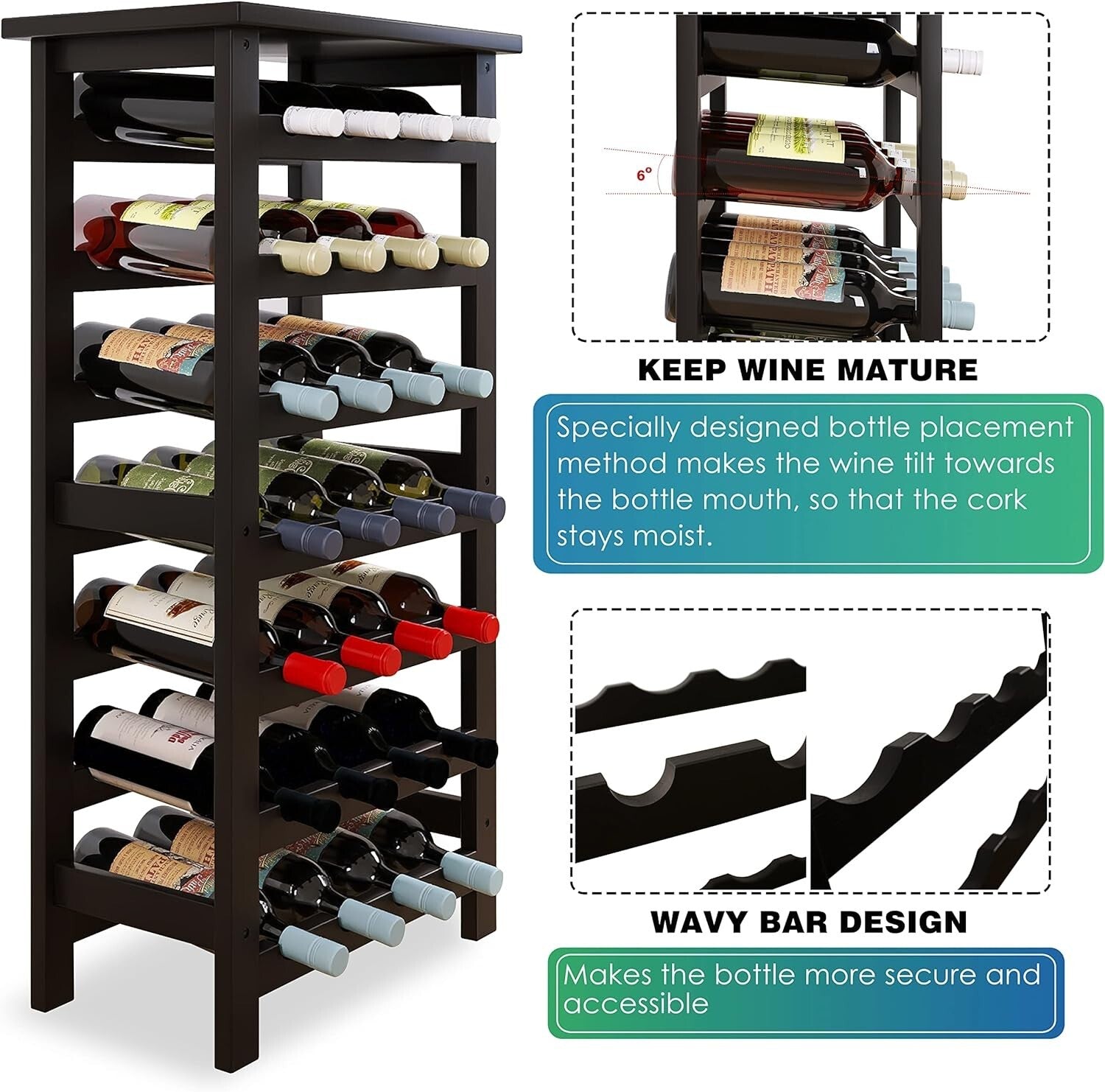 Chic Black Bamboo Wine Rack for 28 Bottles - 7-Tier with Space-Efficient Design