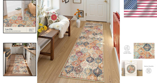 Soft Cream/Multi Vintage Runner Rug, Ideal for Kitchen & Bathroom Spaces