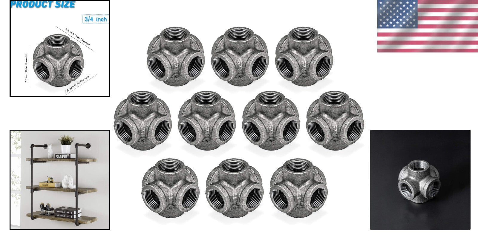 3/4" Cast Iron 6-Way Side Outlet Cross Fittings for DIY Industrial Projects