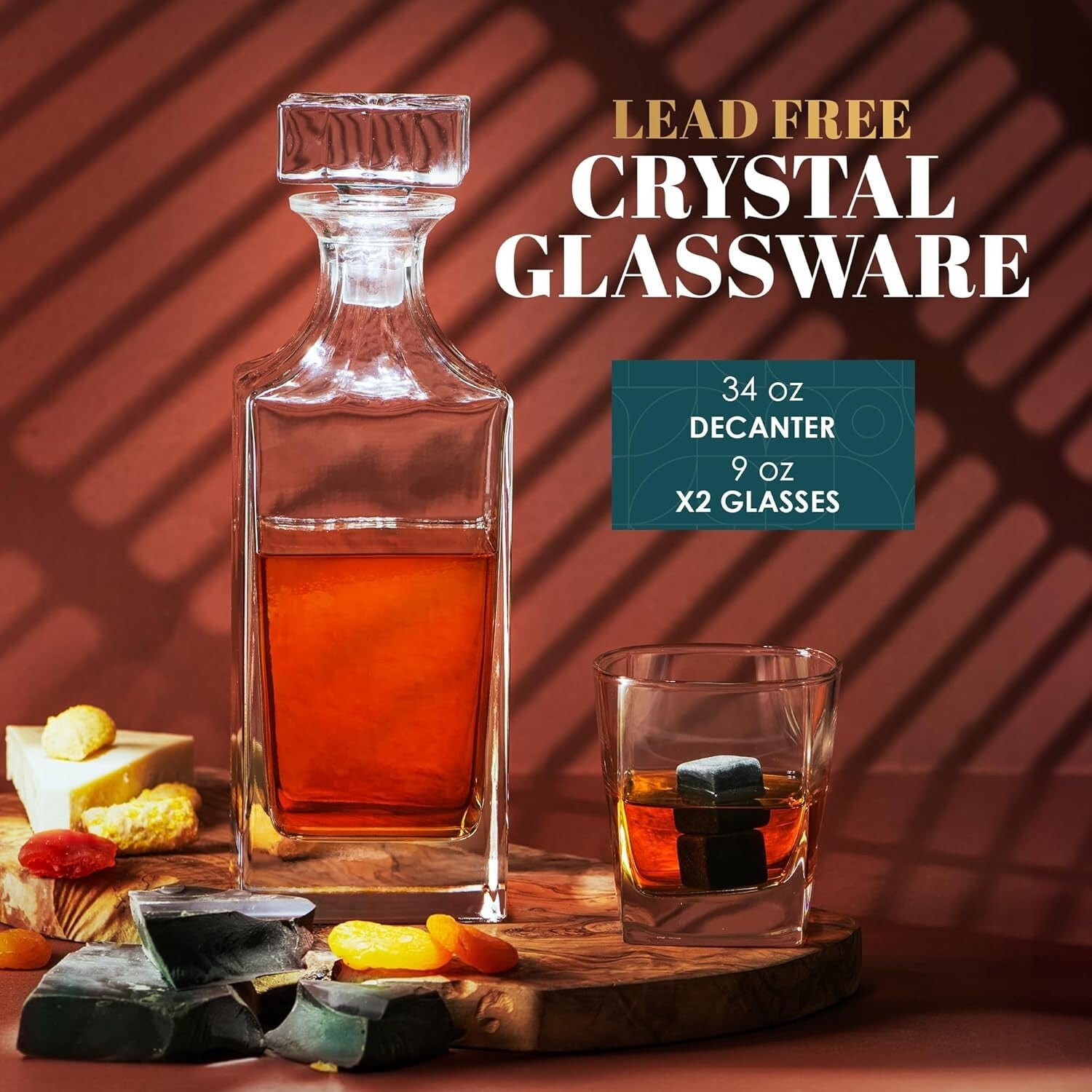 Premium Bourbon Decanter and Glasses Set in Handmade Box - Whiskey Gifts for Him