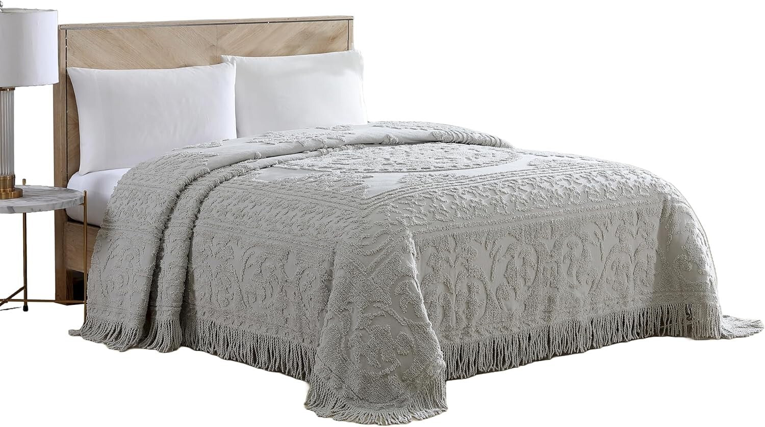 Traditional Gray Chenille Bedspread with Medallion Design for King Beds