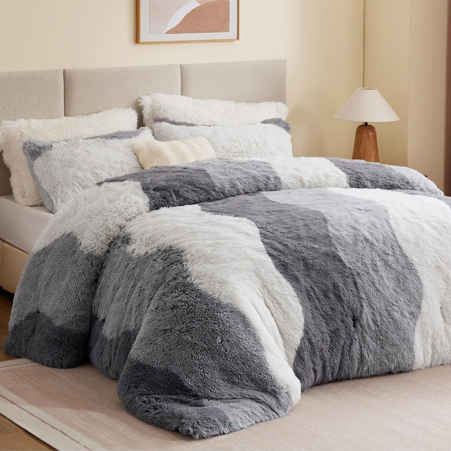 Oeko-Tex Certified Shaggy Faux Fur Comforter Set in Stylish Grey Ombre, 3-Piece