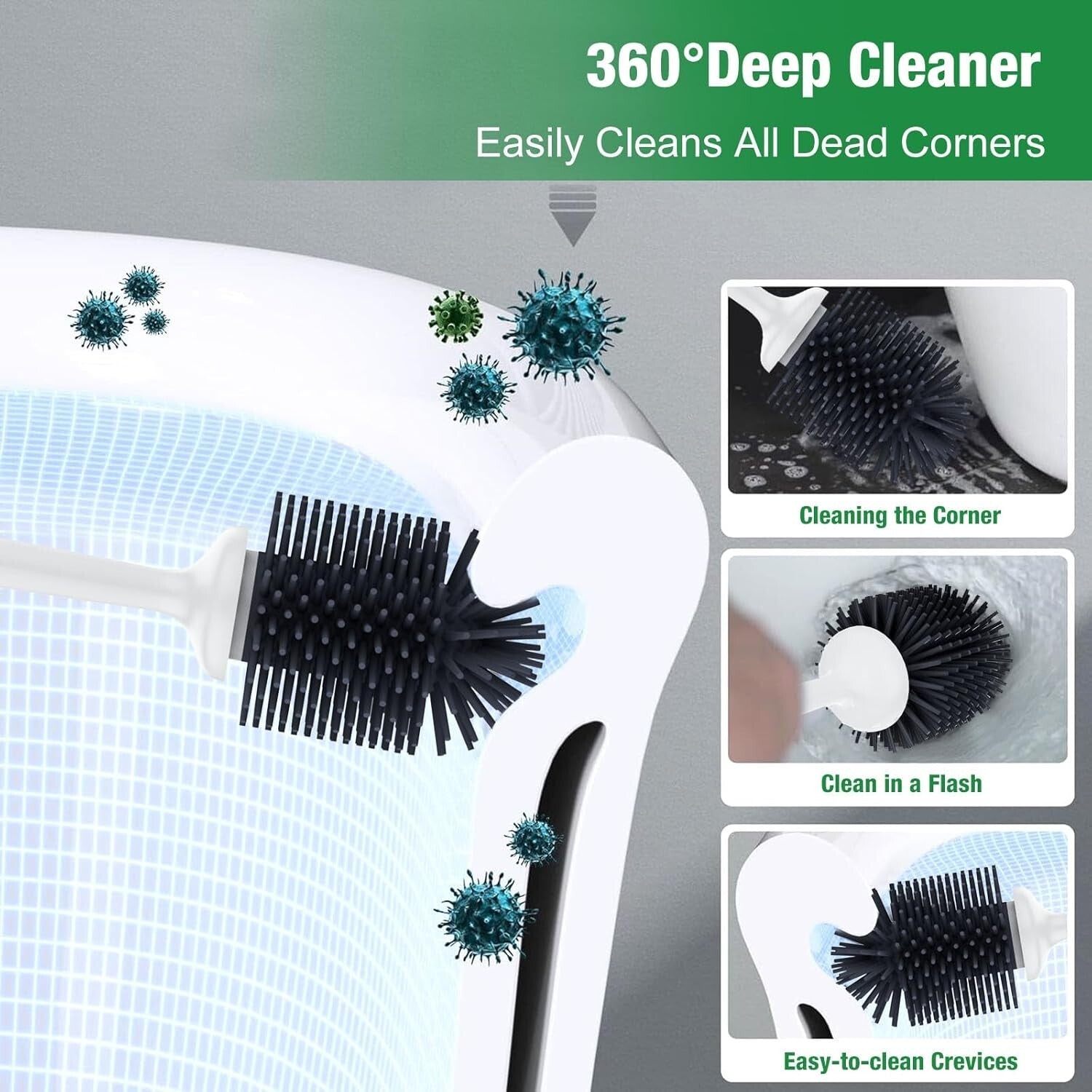 Deep Cleaning Toilet Brush and Plunger Set with Ergonomic Handle - White/Black