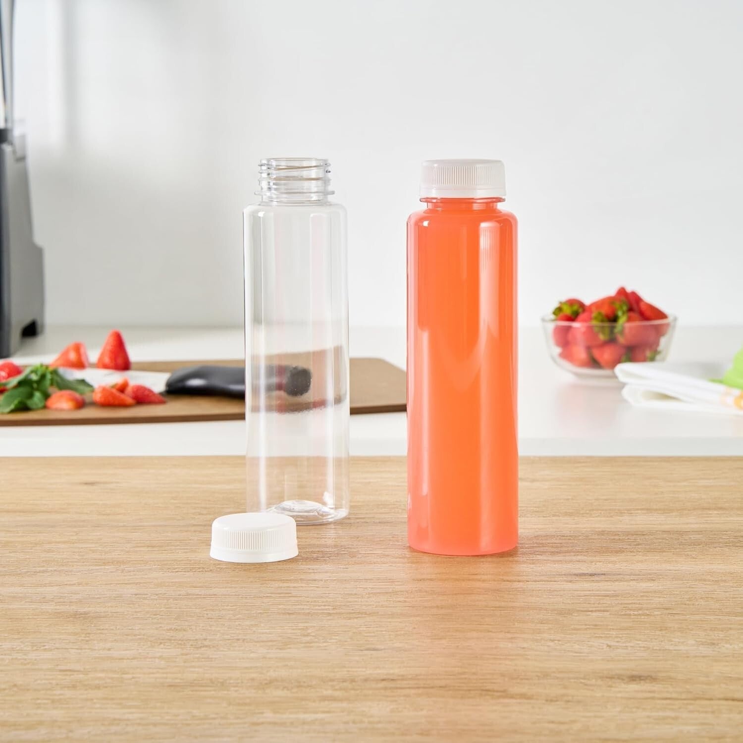 100 Recyclable 12 Oz Plastic Juice Bottles with Tamper-Evident Safety Caps