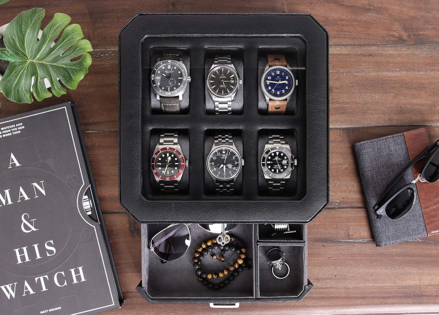 Stylish Watch Storage Gift Set: 6 Slot Leather Box & Travel Case for Men & Women
