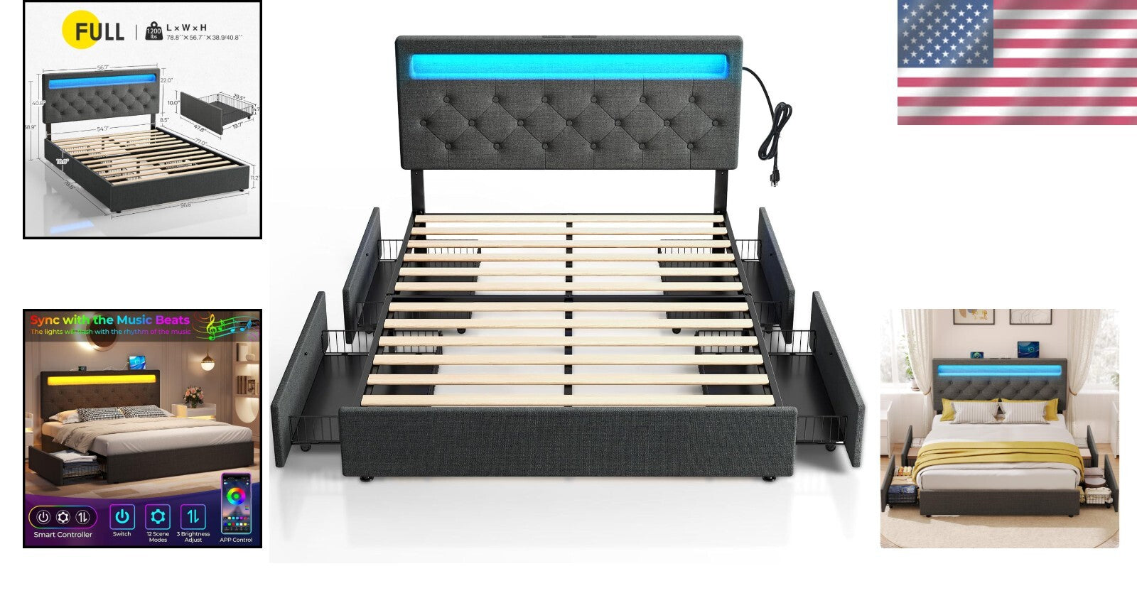 Full Size Bed Frame with USB Charging & LED Lights - 4 Storage Drawers Included