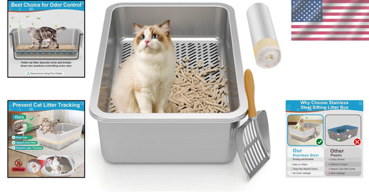 Medium Stainless Steel Sifting Litter Pan for Small Cats - Easy Clean Design