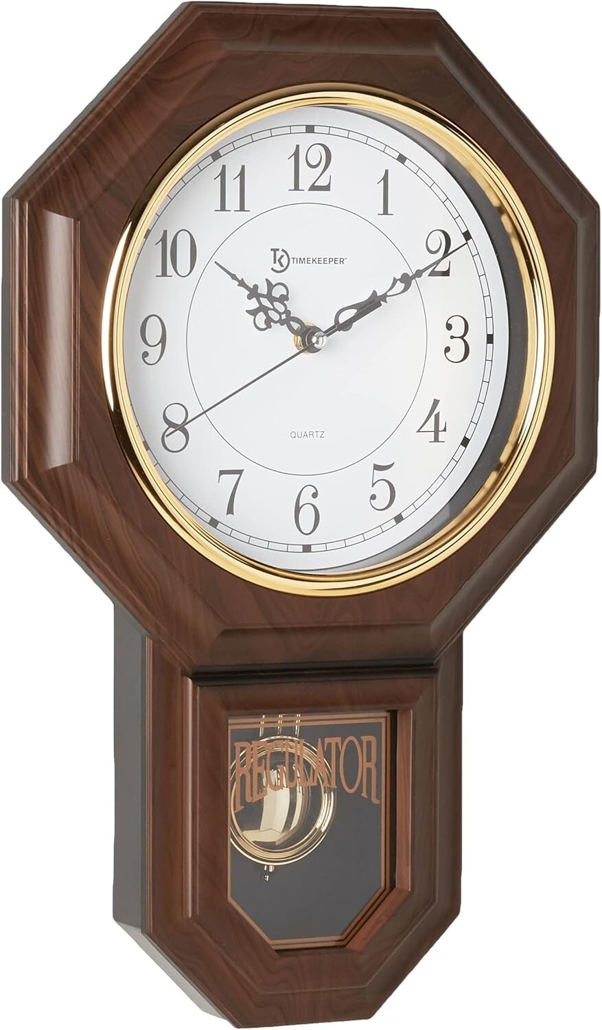 Stylish Walnut Pendulum Wall Clock with White Dial and Hourly Chime - 20.5"