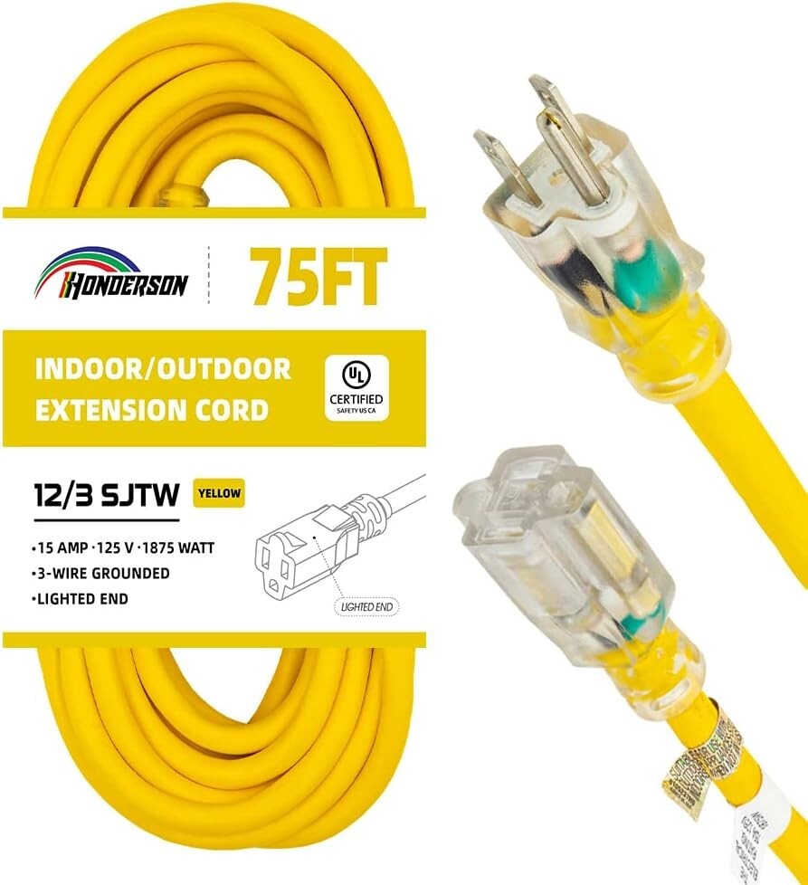 Long 75FT Yellow Extension Cord - 12 Gauge Heavy Duty with 3-Prong Ground Plug