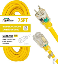 Load image into Gallery viewer, Long 75FT Yellow Extension Cord - 12 Gauge Heavy Duty with 3-Prong Ground Plug