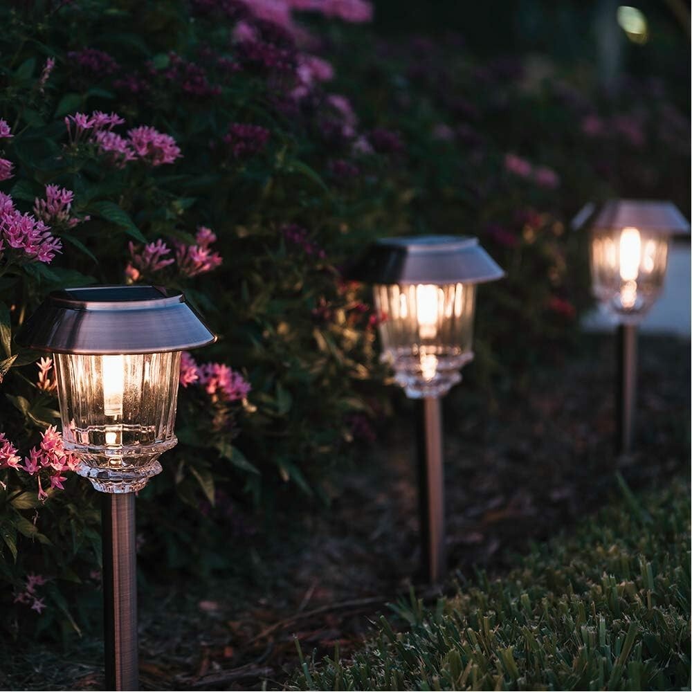 Dimmable 4 Pack Solar Path Lights with 360° Shatterproof Glass in Copper Finish
