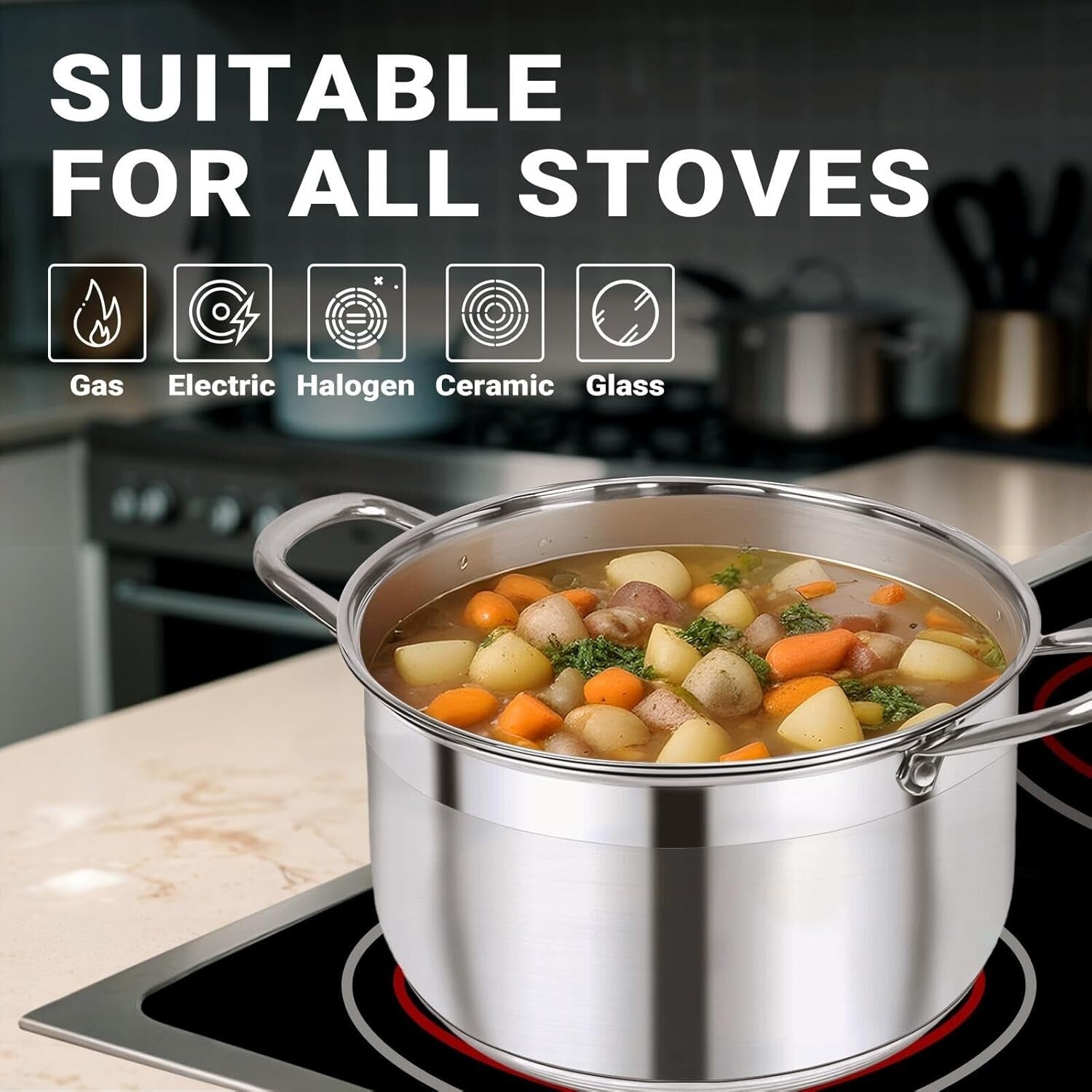 12 Quart Stainless Steel Stock Pot with Glass Lid - Heavy Duty & Nonstick