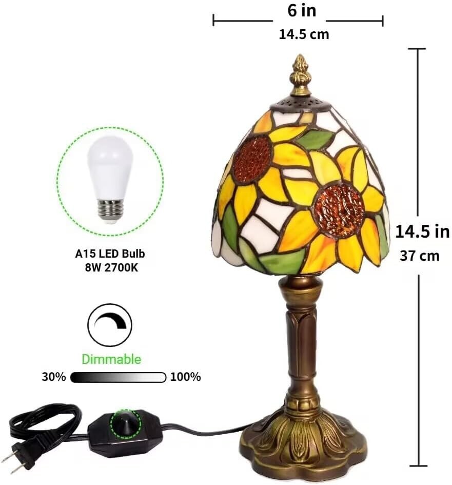 Dimmable LED Tiffany Sunflower Lamp - Antique 6 Inch Bedside Lighting Solution