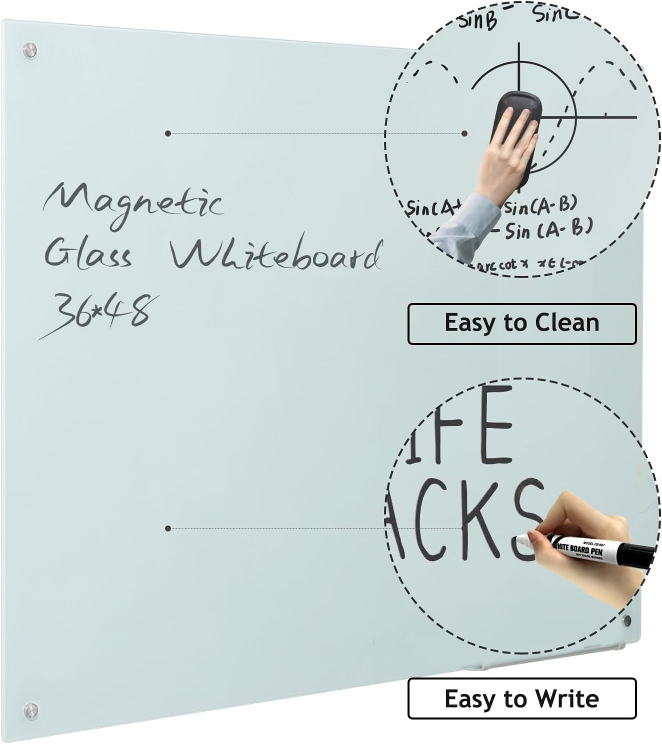Frameless Magnetic Glass Dry Erase Board 48x36 - Elegant Wall-Mounted Solution
