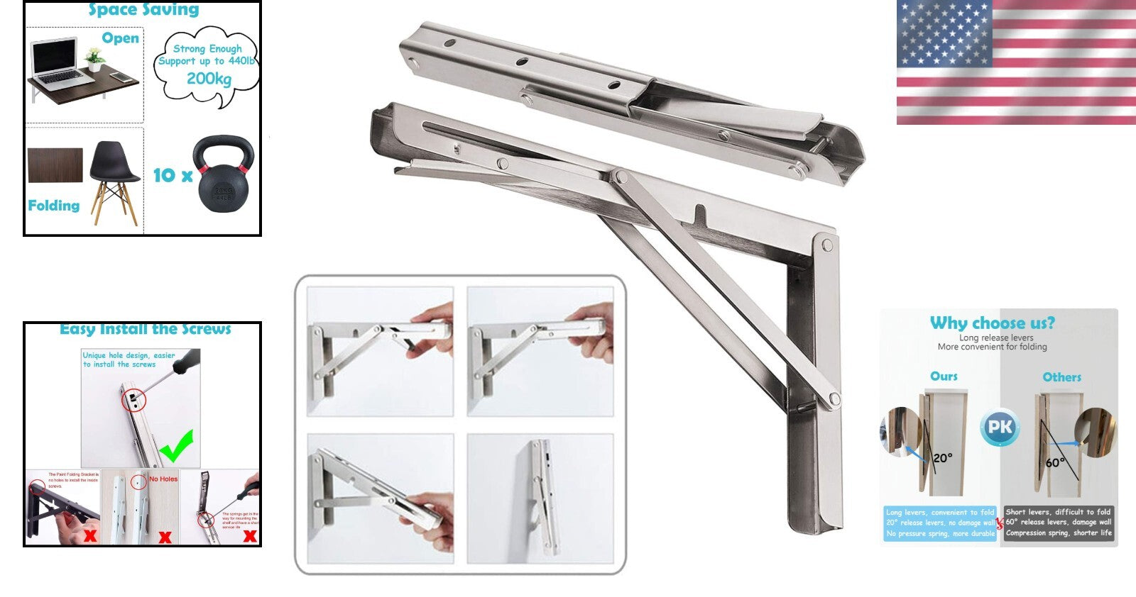 Premium 22 Inch Stainless Steel Folding Brackets - Easy Installation & Strong