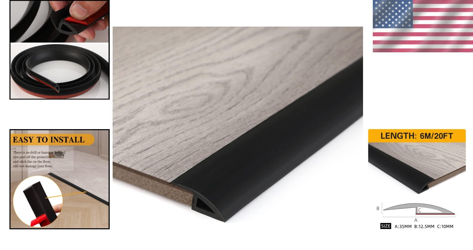 Durable Self-Adhesive Floor and Carpet Transition Strip - 20FT Black Edging