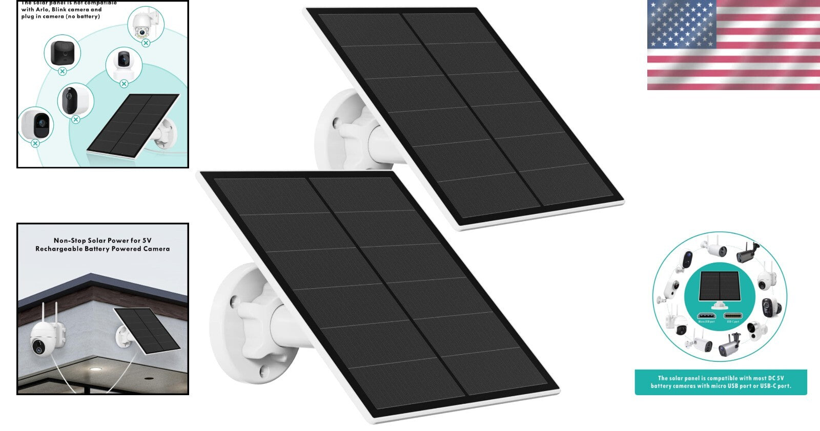 5W Waterproof Solar Panel for Security Cameras with Adjustable Mount - 2 Pack