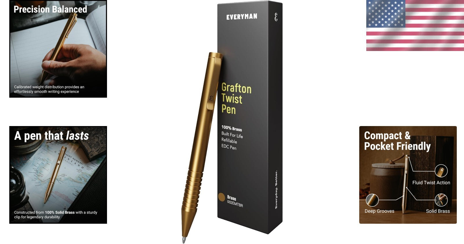 Compact Brass EDC Twist Pen with Refillable Cartridge - Sophisticated Design