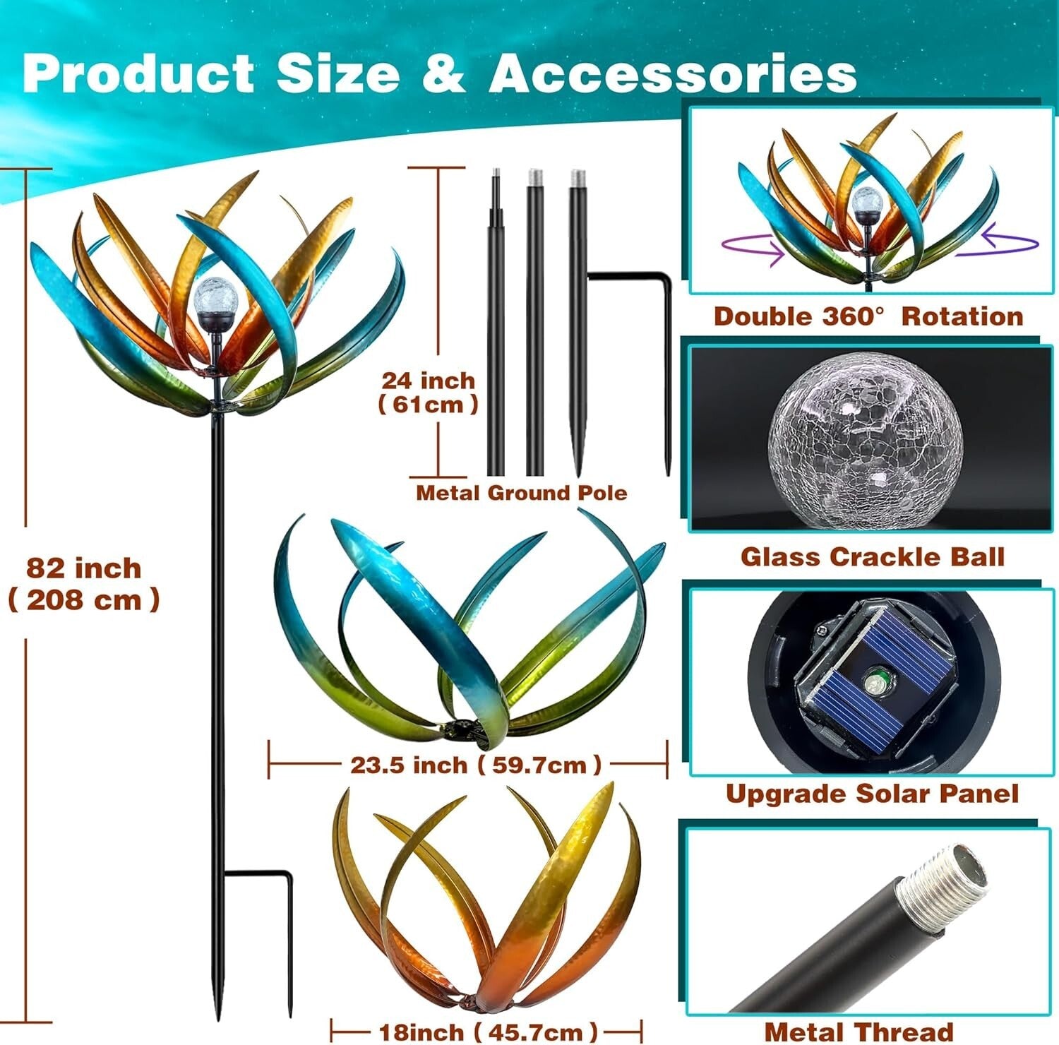 82-Inch Weather-Resistant Solar Wind Spinner - Vibrant LED Floral Design