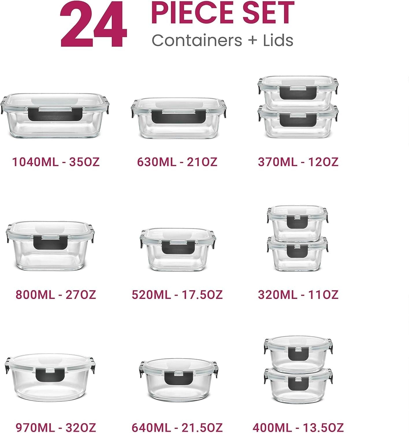 Durable 24-Piece Set of Glass Meal Prep Containers - Airtight & Stackable Design