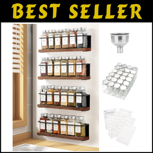 Polished Magnetic Spice Rack Set with 24 Glass Jars and Funnel - Modern Storage