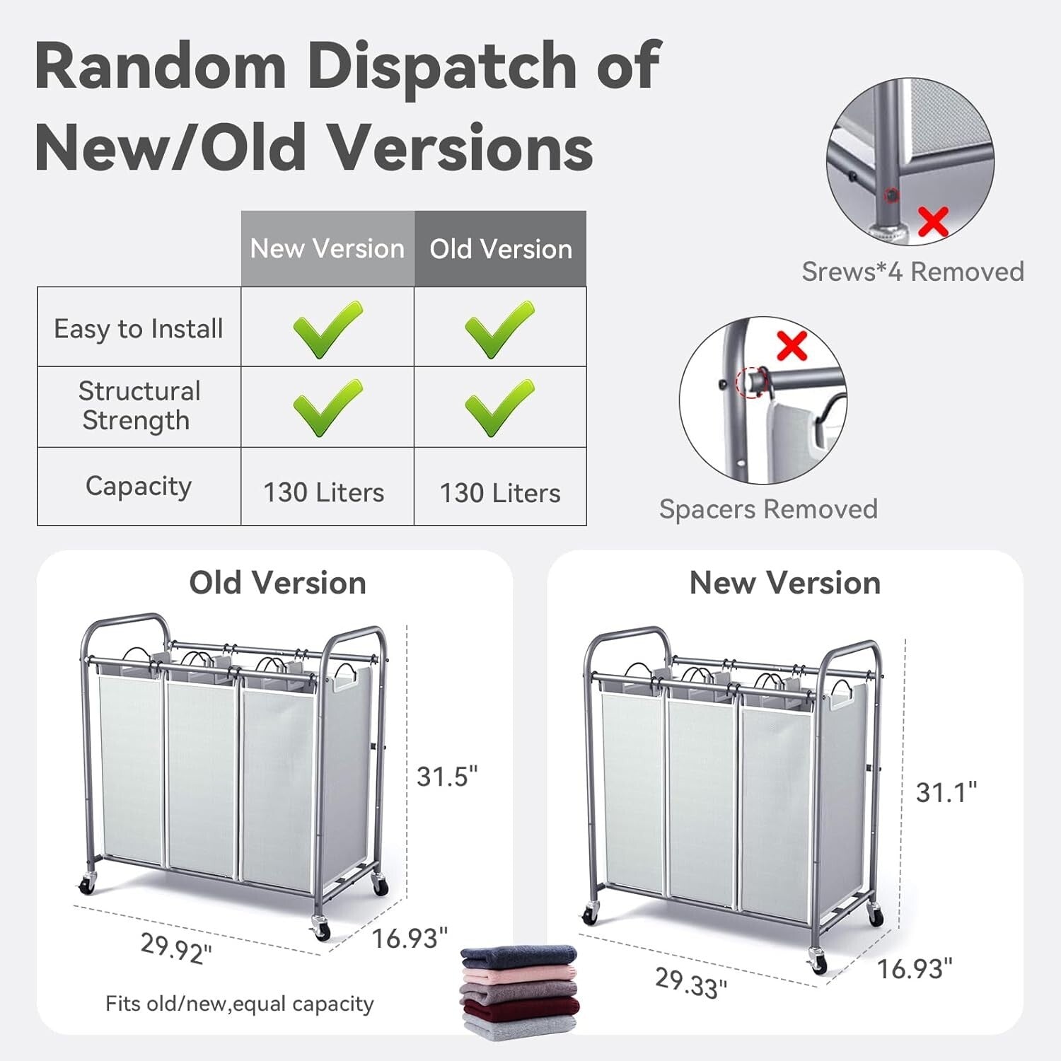 Gray Laundry Hamper on Wheels - 3 Compartments & Removable Bags for Easy Sorting
