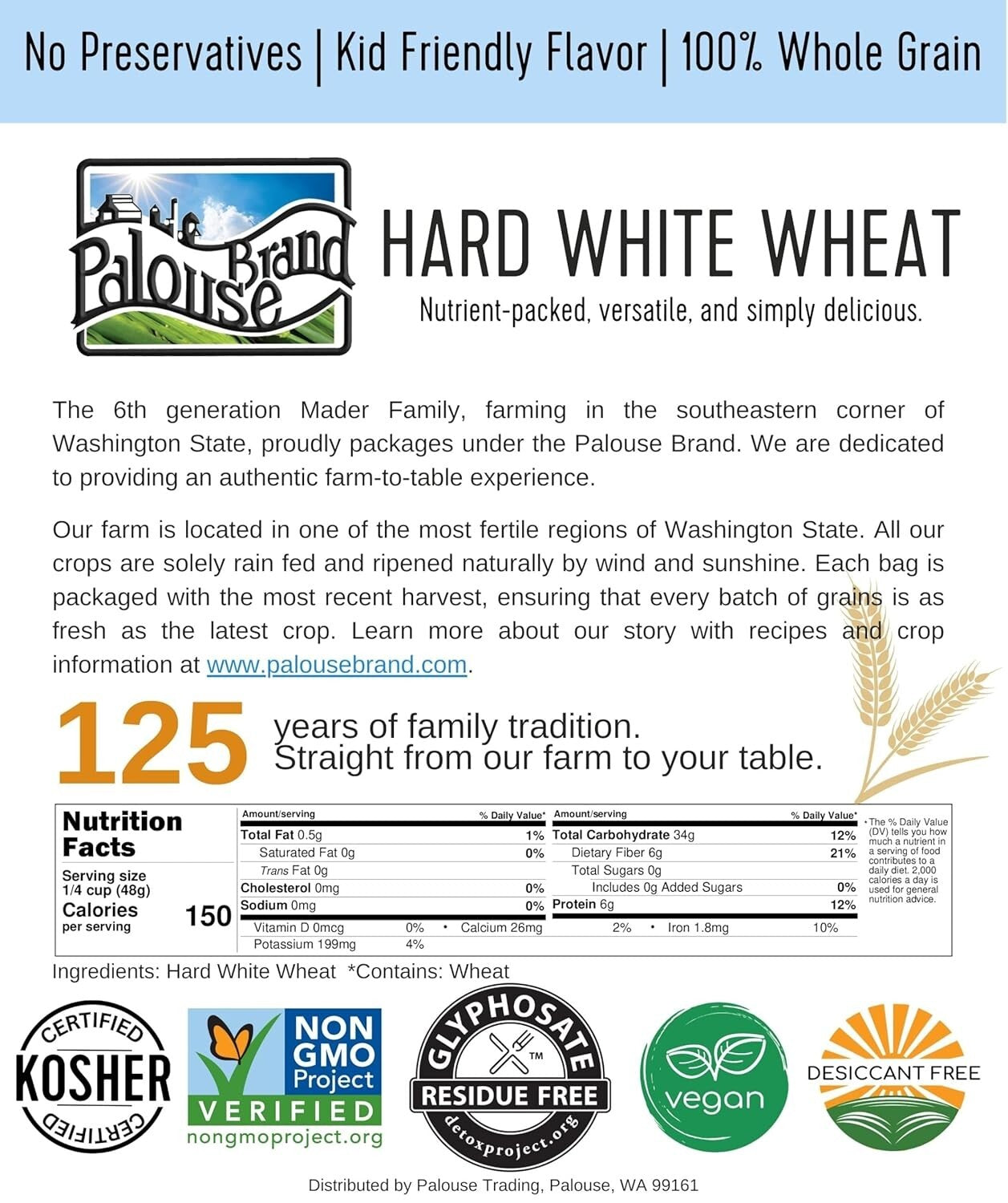 Farm-to-Table 18 LB Hard White Wheat Berries - Glyphosate-Free, Kosher Certified
