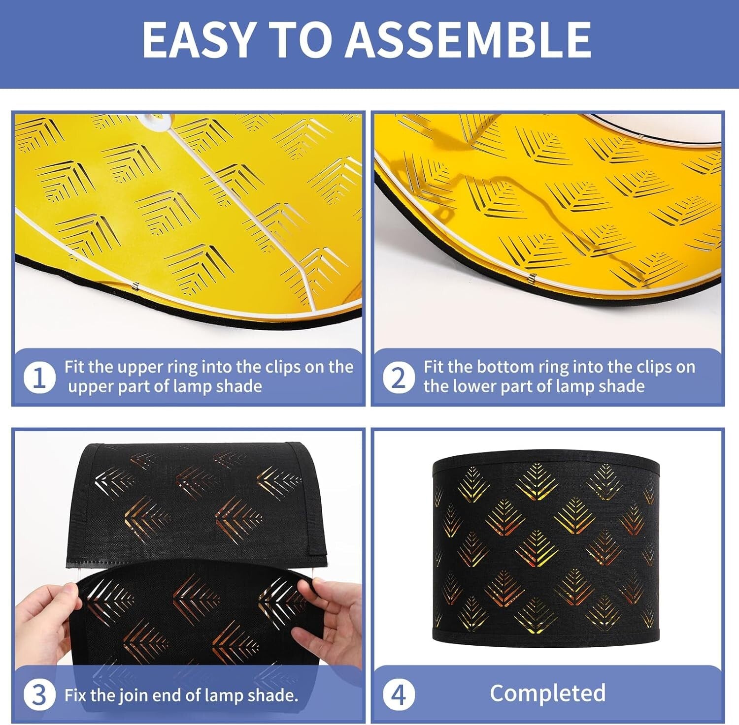 Stylish Black Drum Lampshades with Leaf Pattern - 13"x10" Easy Install Set of 2