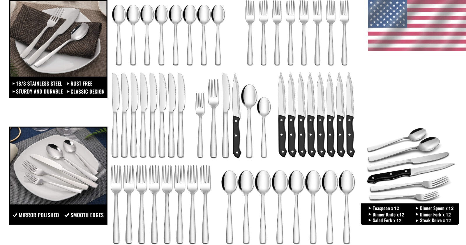 Complete 72-Piece Flatware Set for 12 - Dishwasher Safe & Corrosion Resistant