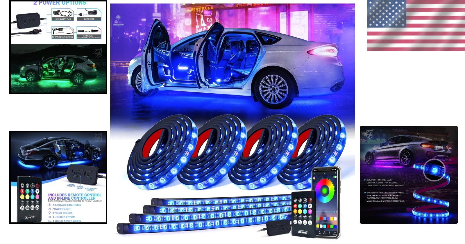 Dynamic 8Pcs RGB LED Strip Kit for Vehicles - Bluetooth & Remote with Music Sync
