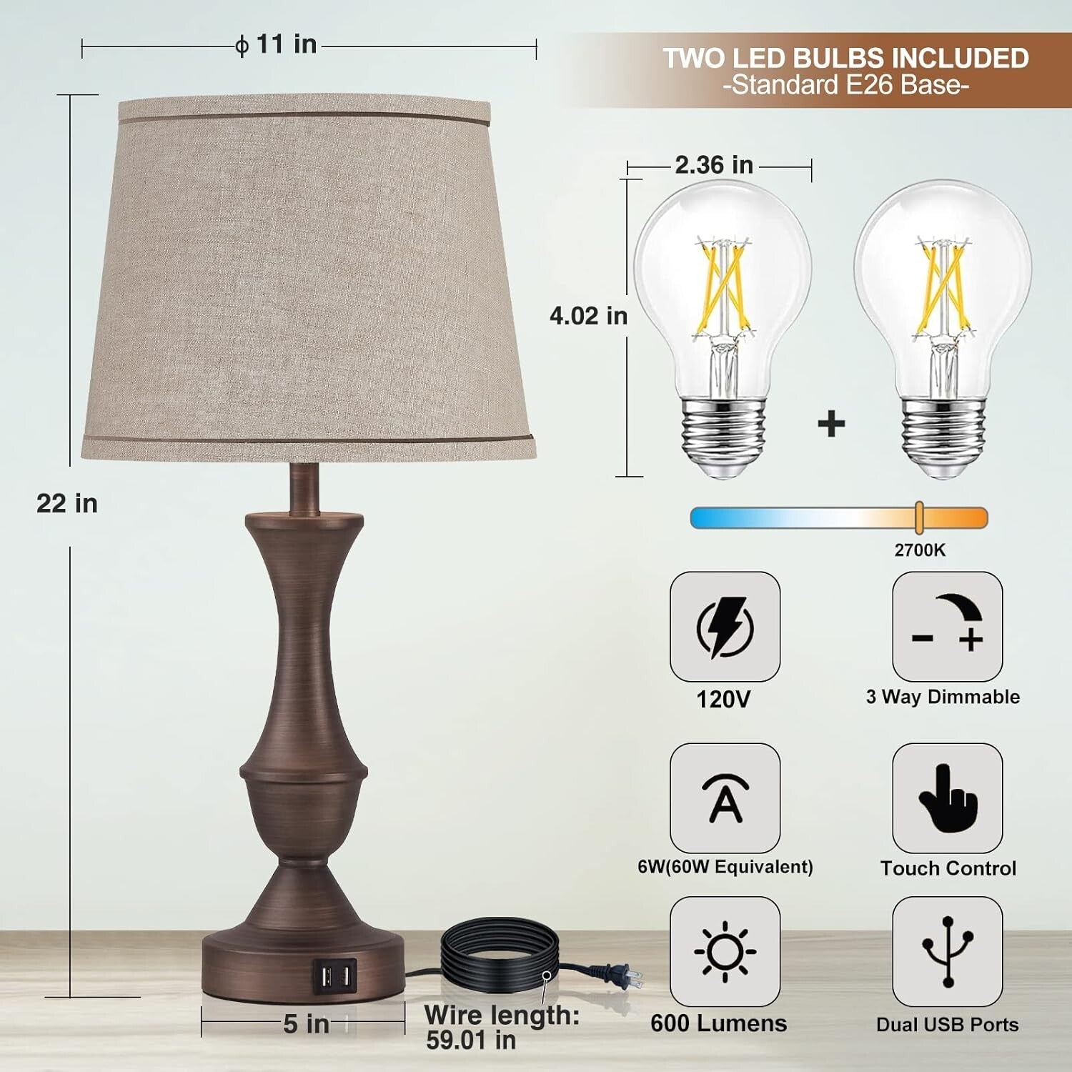 Elegant Touch Bedside Lamps Set with USB Ports - 22" Modern Dimming Lamps