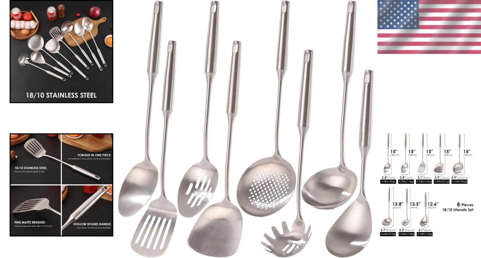 18/10 Stainless Steel Cooking Tools Set - Ergonomic 8-Piece with Heat Resistance