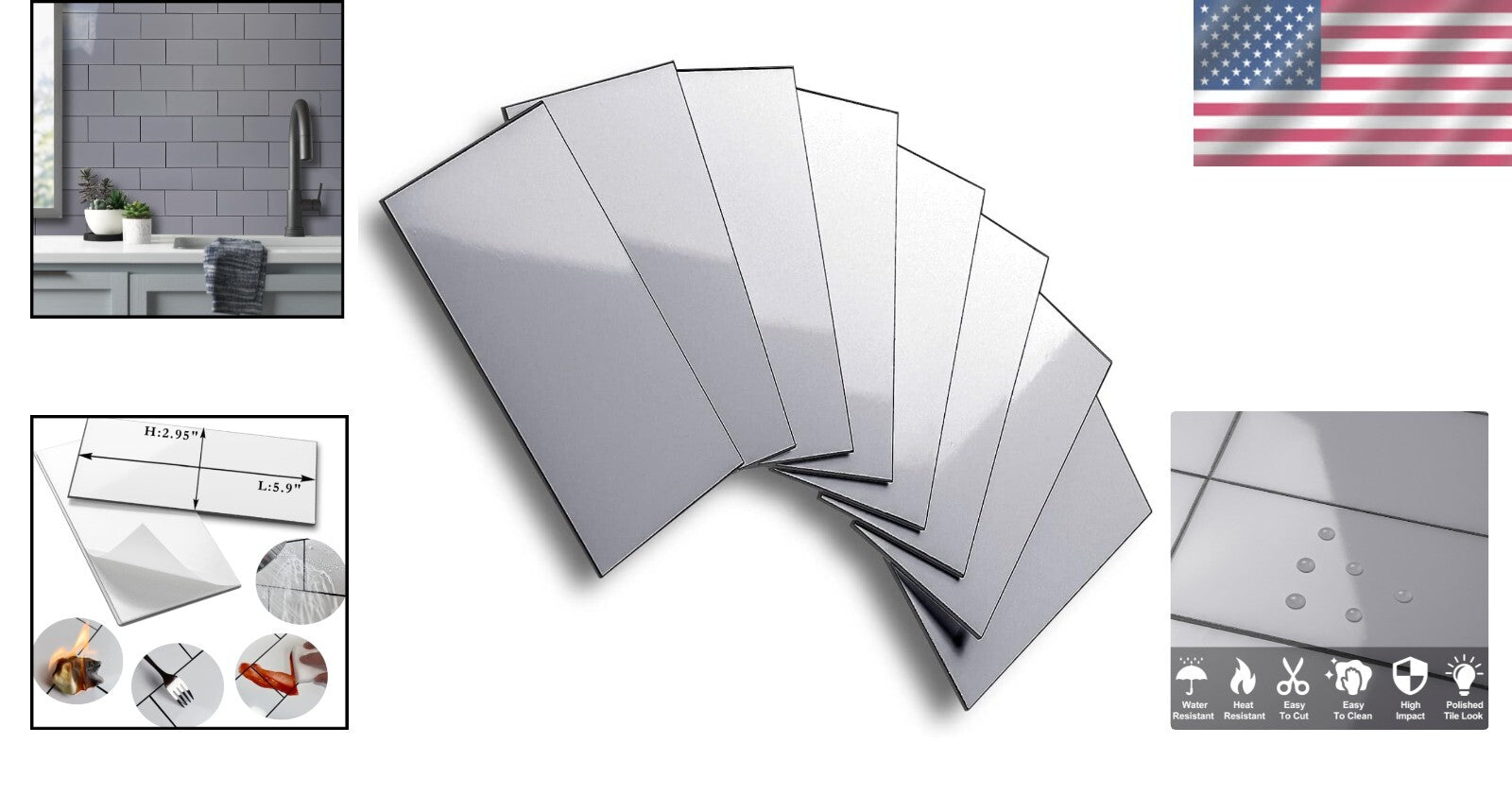 Elegant 100-Piece Polished Grey PVC Wall Tiles - Easy DIY for Kitchen & Bathroom