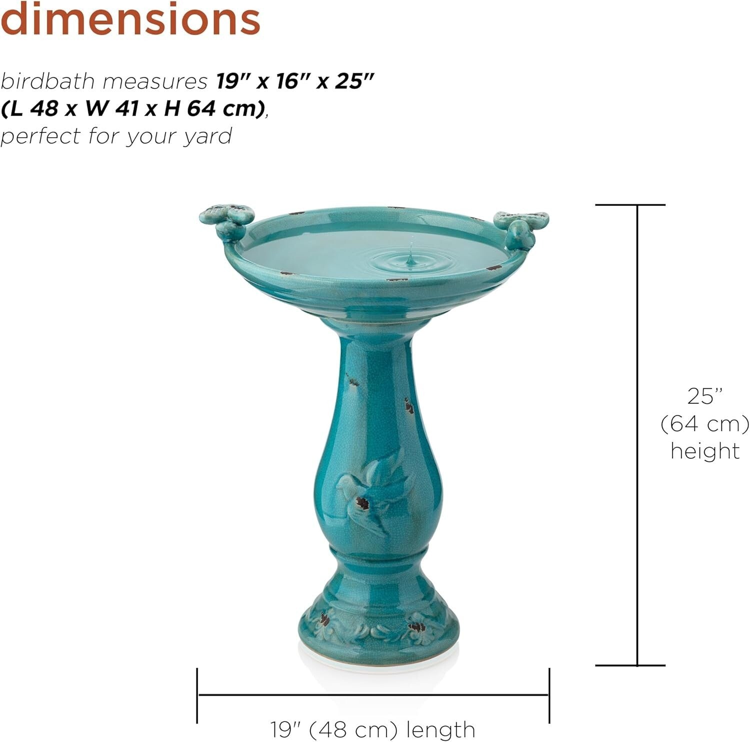 25" Antique Turquoise Ceramic Birdbath with 2 Figurines for Birds & Garden Charm
