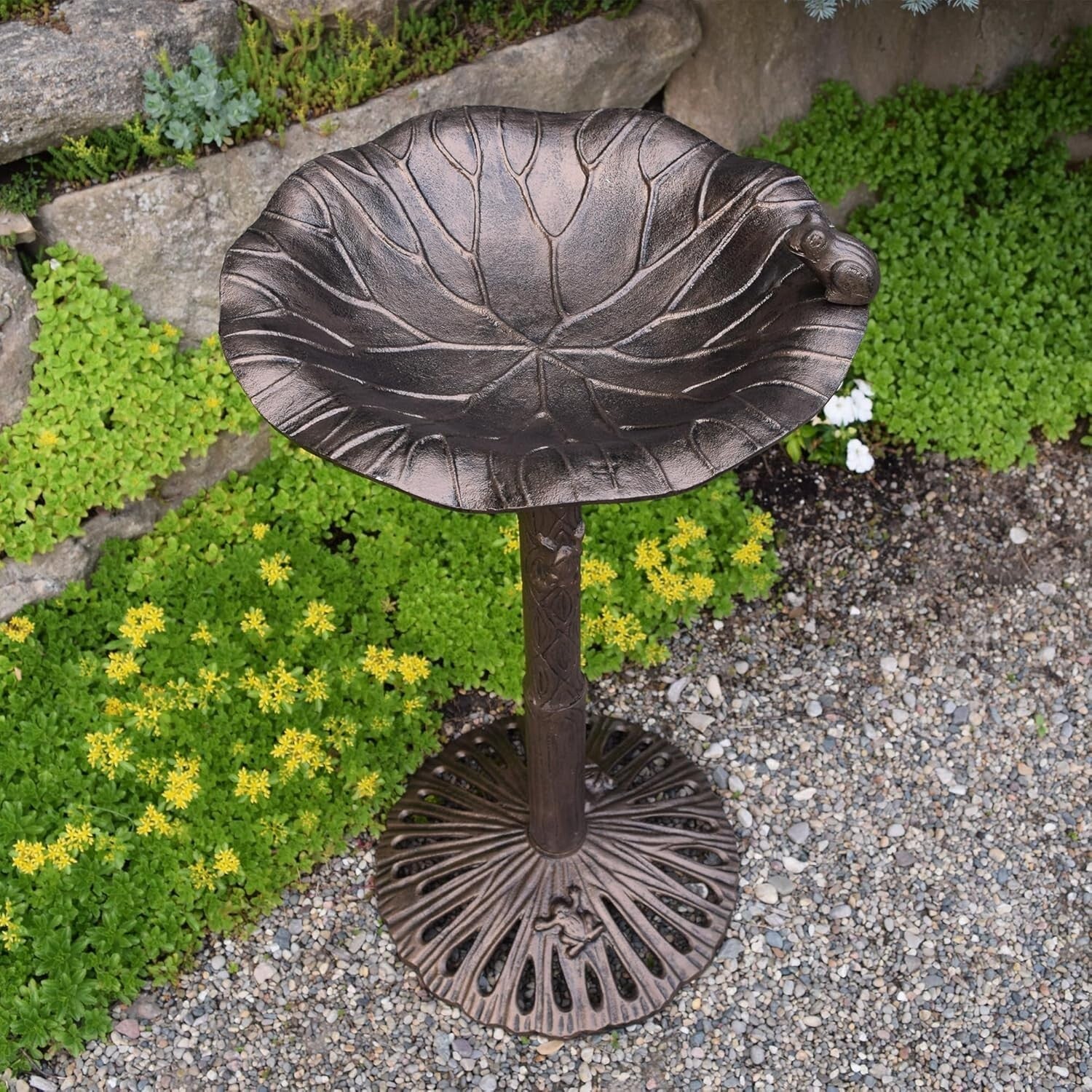 Unique 35-Inch Bronze Bird Bath with Frog Design - Perfect for Birdwatching
