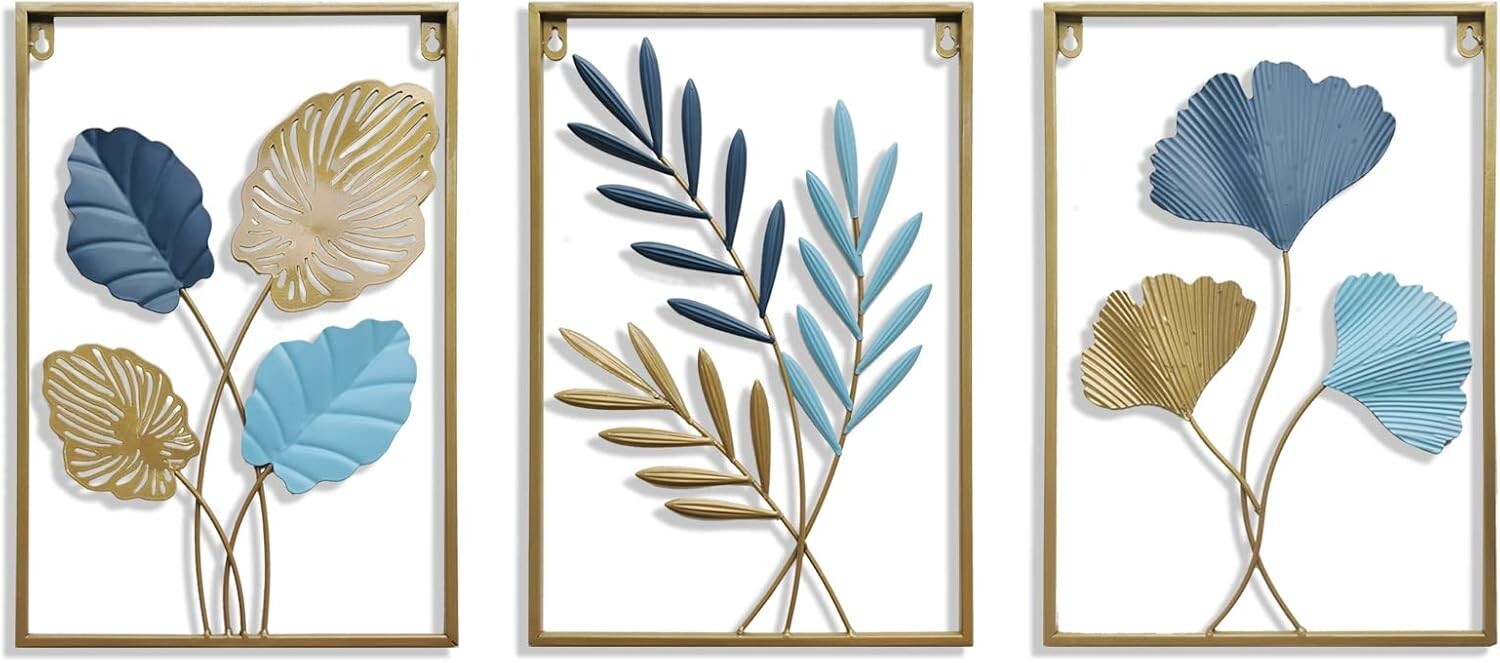 Elegant Gold and Canal Blue Ginkgo Biloba Metal Wall Sculptures - 3-Piece Set