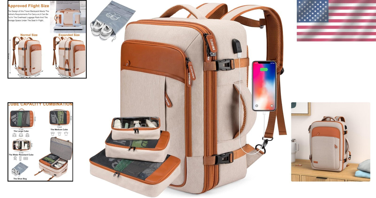 Expandable 40L Travel Backpack for Men & Women - Water Resistant & Stylish Beige