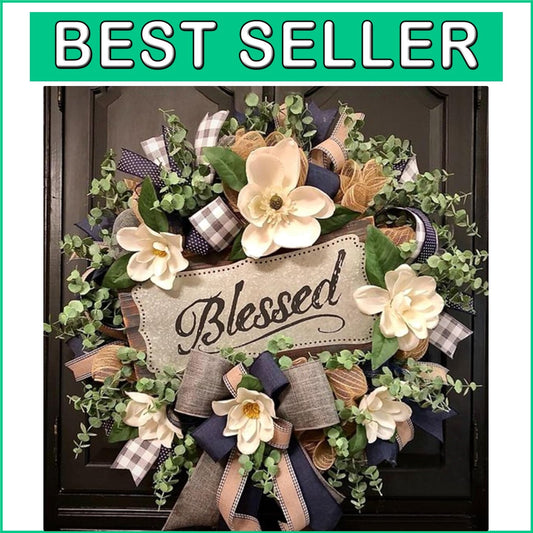 Farmhouse Magnolia Front Door Wreath with 'Blessed' Plaque for All Seasons