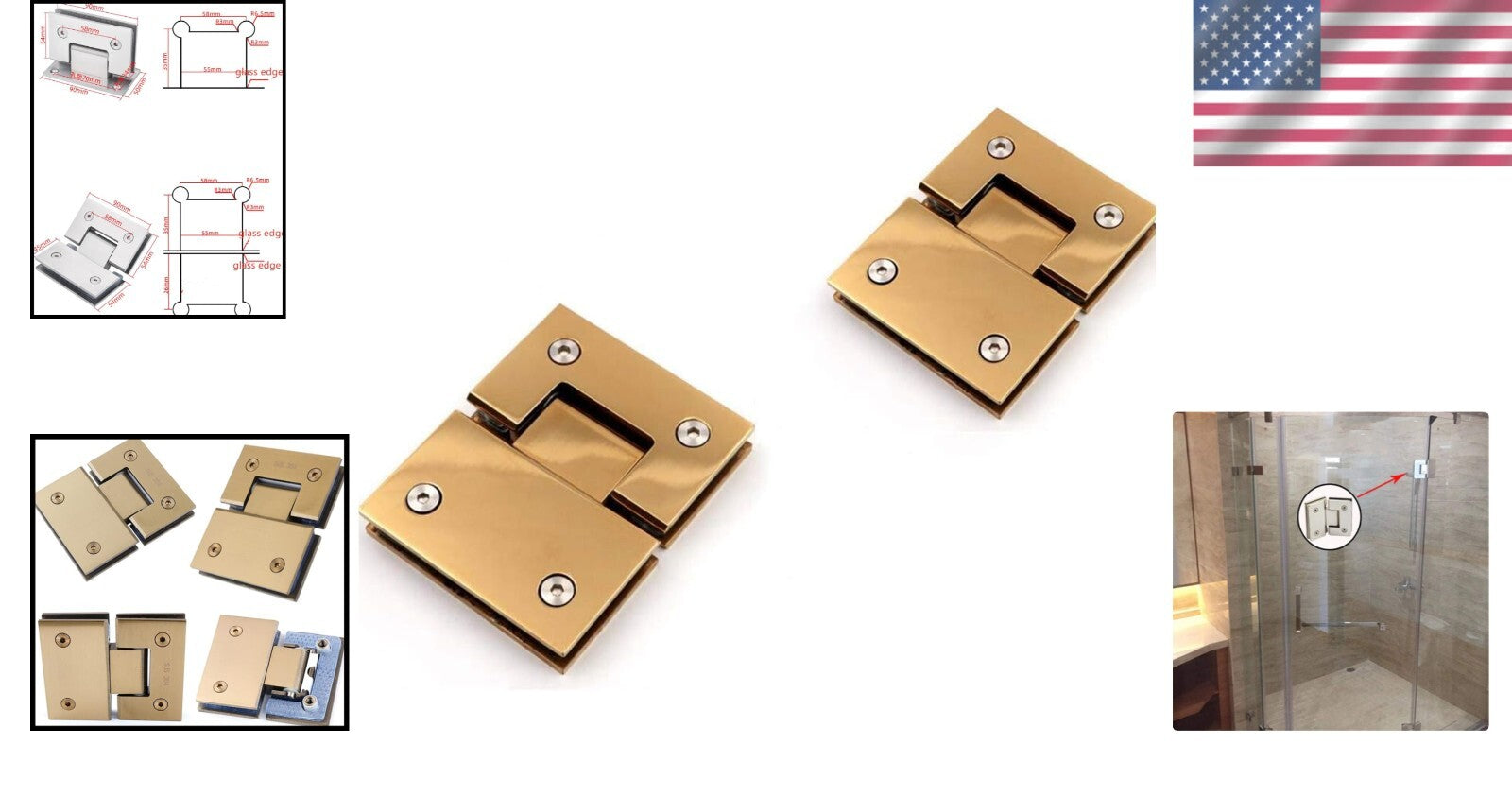 Heavy-Duty 180 Degree Brushed Gold Glass Door Hinges - 2 Pack, 120 lbs Capacity