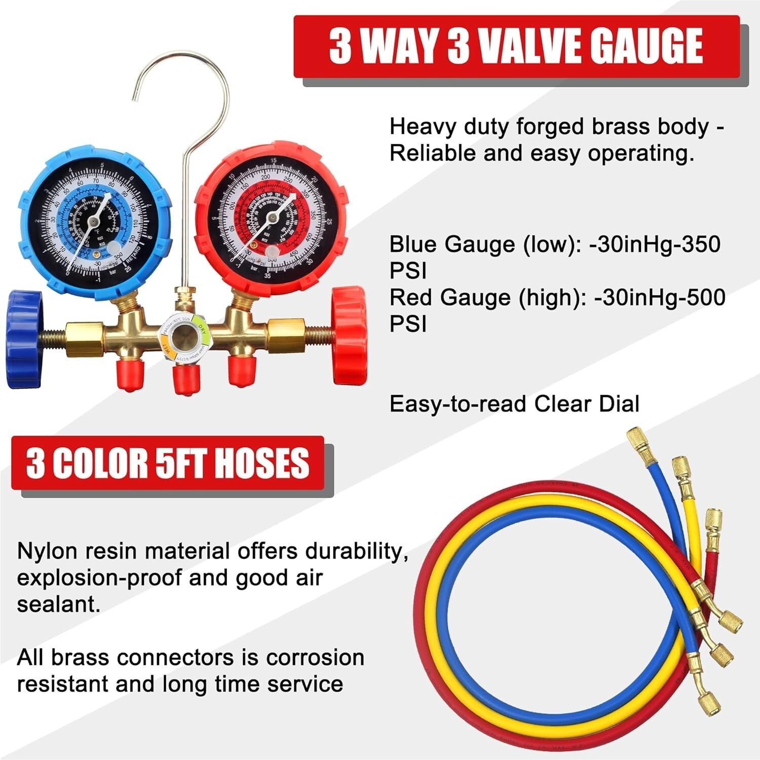 Precision A/C Diagnostic Manifold Gauge Set for R134a, R12, R22 Refrigerants