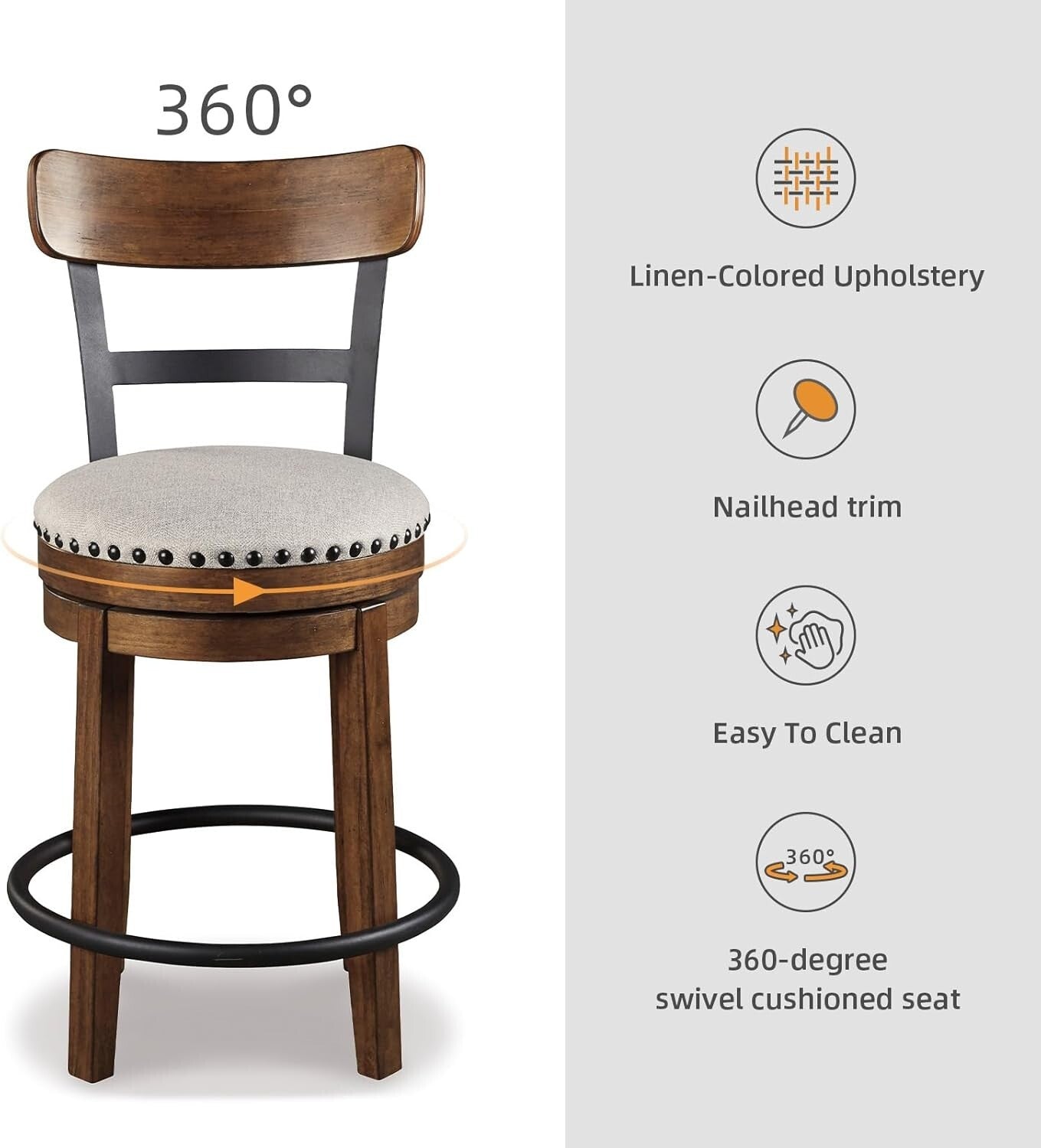 Rustic Farmhouse Swivel Bar Stool - 24.5” Seat Height, Dark Brown Oak Finish